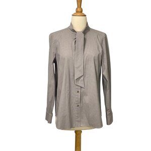 Lafayette 148 Tie Collar Shirt Button Down Cotton Blend Stretch Size M Brown Blk